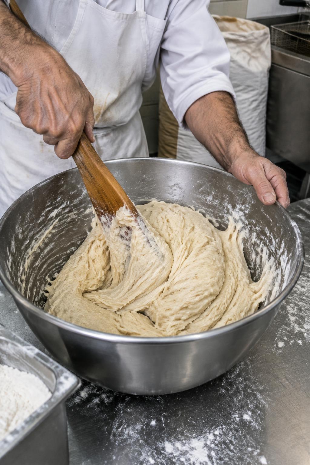 Elaboración artesanal de masa de churros en un recipiente de acero inoxidable