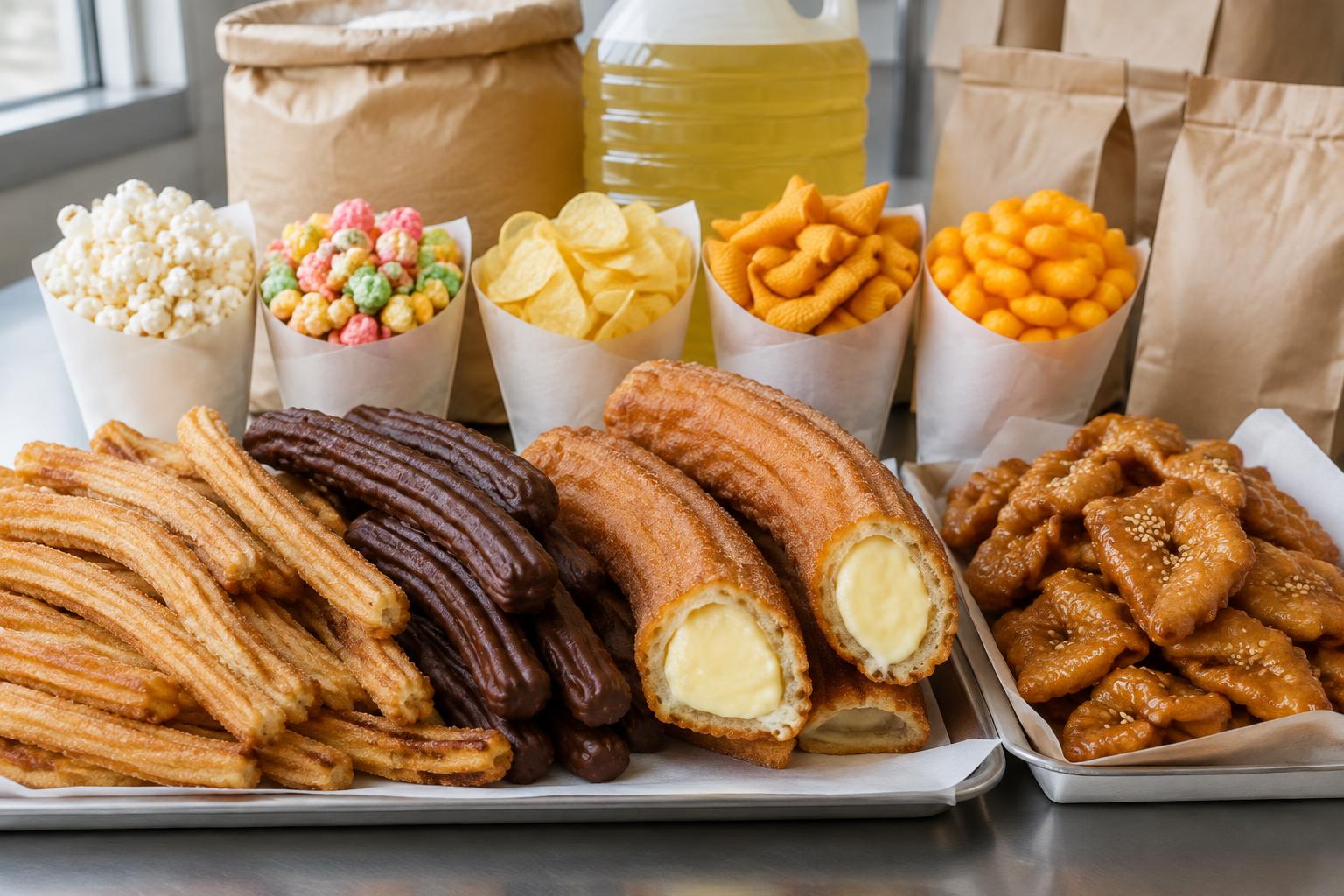 Selección de productos para churrería: churros, chocolate, snacks, aceite y consumibles en un obrador