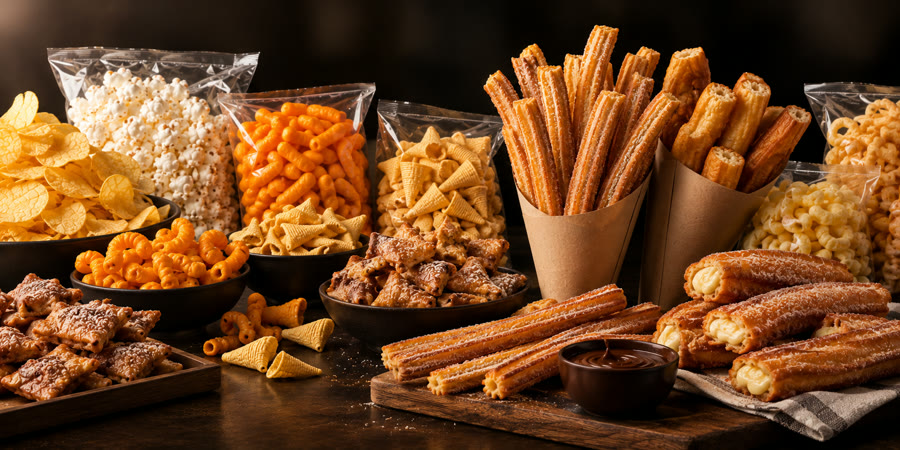 Selección de patatas fritas, aperitivos y snacks