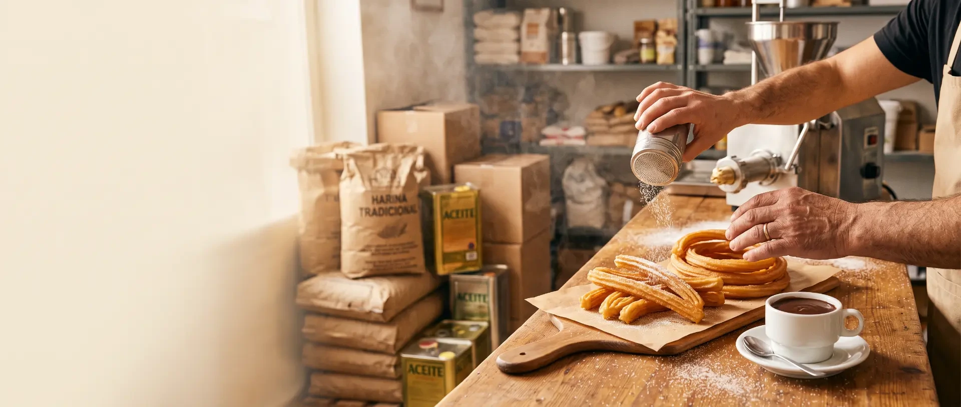 Preparación artesanal de churros con azúcar junto a una taza de chocolate en un obrador